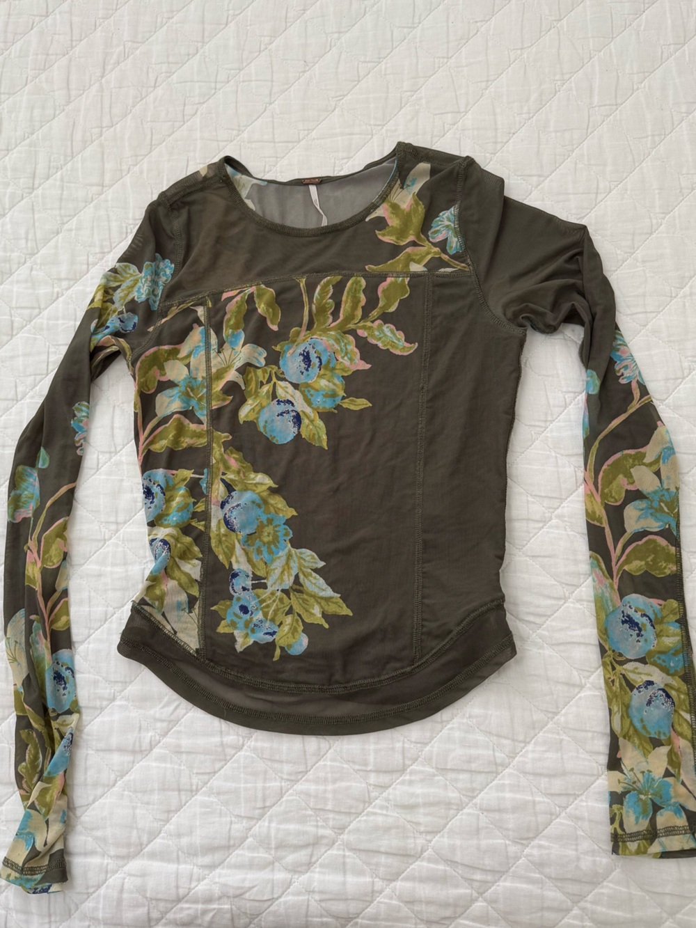 Free People - Women’s Olive Green Floral Long-Sleeve Top - Medium